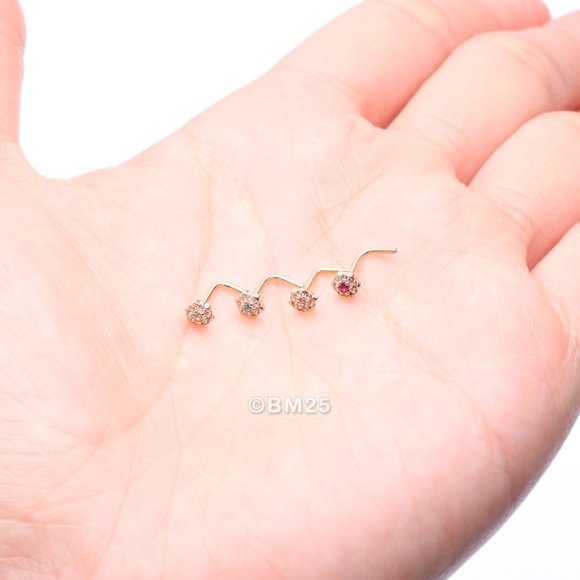 14 Karat Gold Glistening Multi-Gem Flower Sparkle L-Shaped Nose Ring - Picture 3 of 5